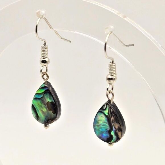 Dainty Abalone and Resin Teardrops on‎ Silver Tone Hooks Drop Dangle Earrings - Picture 6 of 7